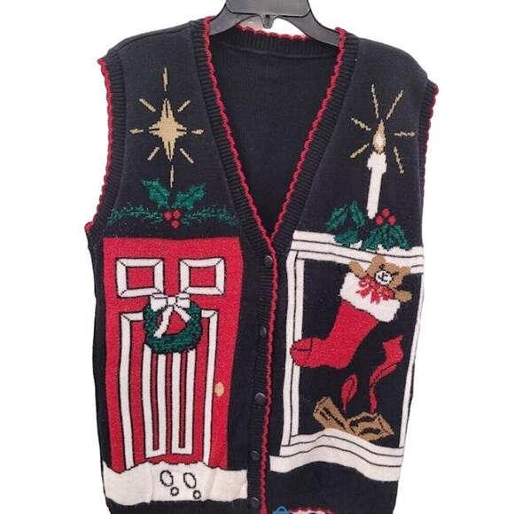 Holiday Time Womens Black Sleeveless Button Front Ugly Christmas Knit Cardigan L - Picture 2 of 7